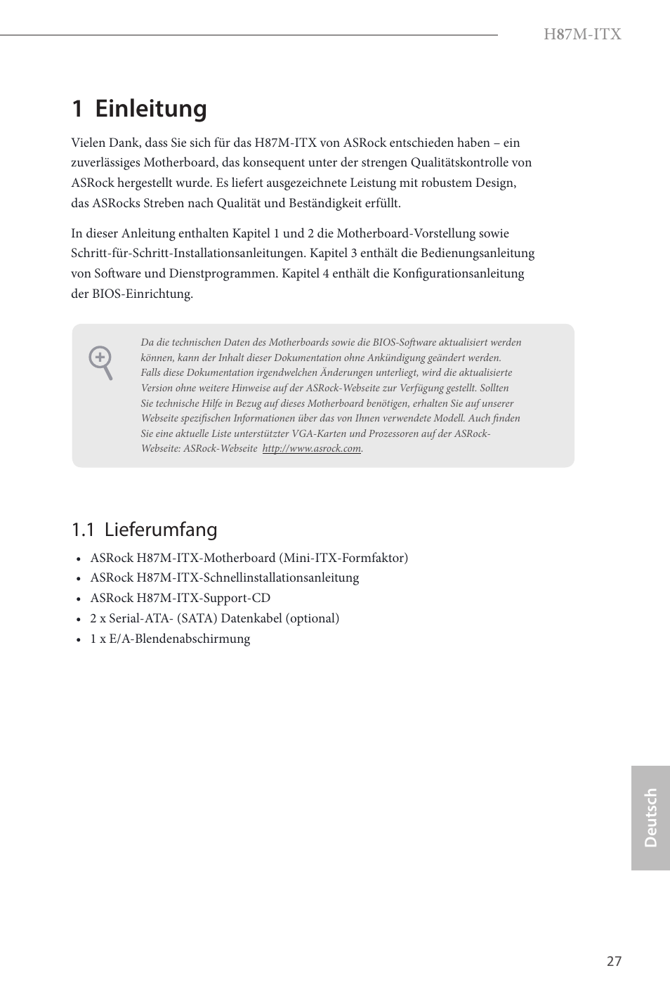 German, 1 einleitung, 1 lieferumfang | ASRock H87M-ITX User Manual | Page 28 / 149