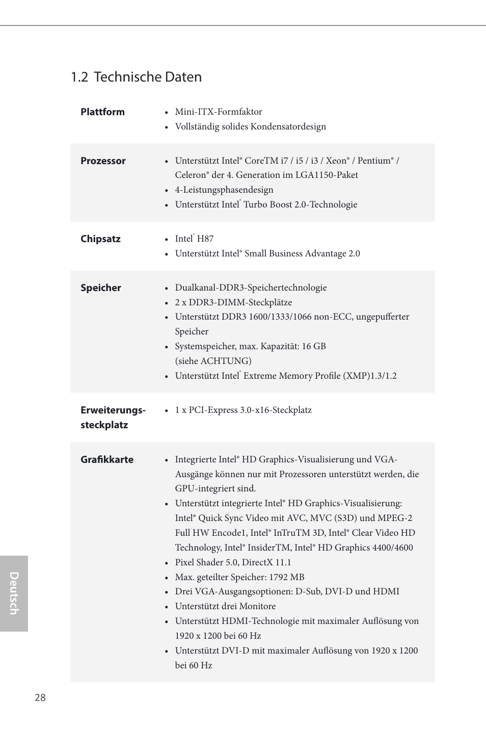 2 technische daten, Deutsch | ASRock H87M-ITX User Manual | Page 29 / 149