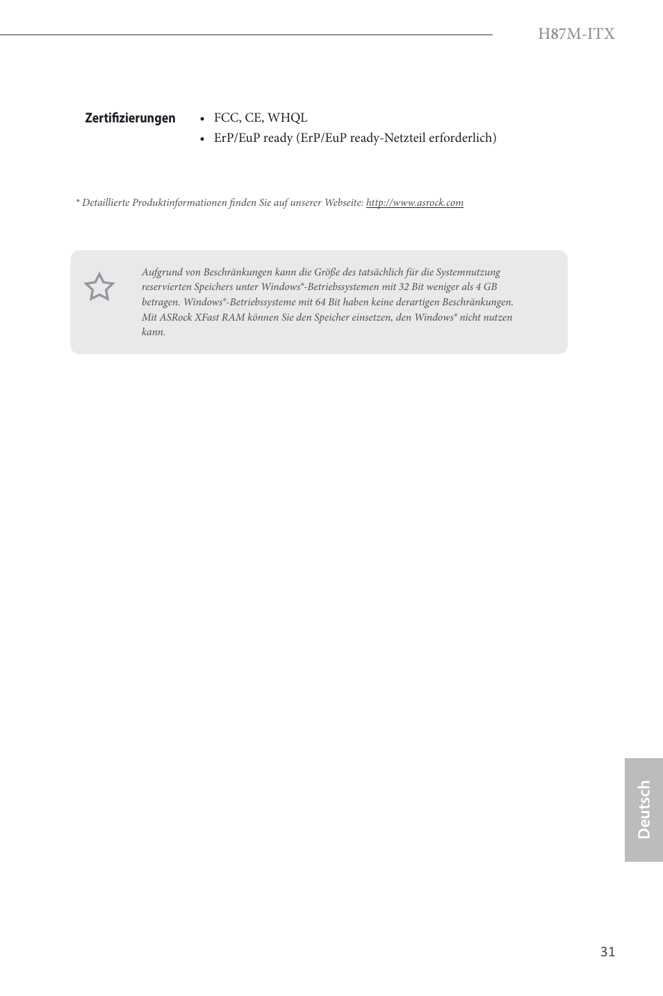 H 8 7m-itx, Deutsch | ASRock H87M-ITX User Manual | Page 32 / 149
