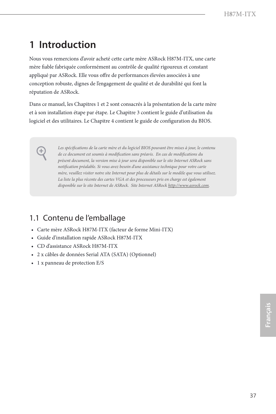 French, 1 introduction, 1 contenu de l’emballage | ASRock H87M-ITX User Manual | Page 38 / 149