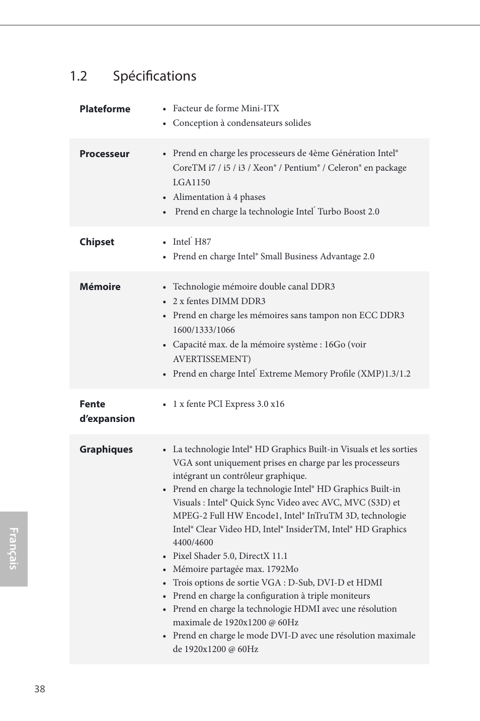 2 spécifications, Fr ançais français | ASRock H87M-ITX User Manual | Page 39 / 149