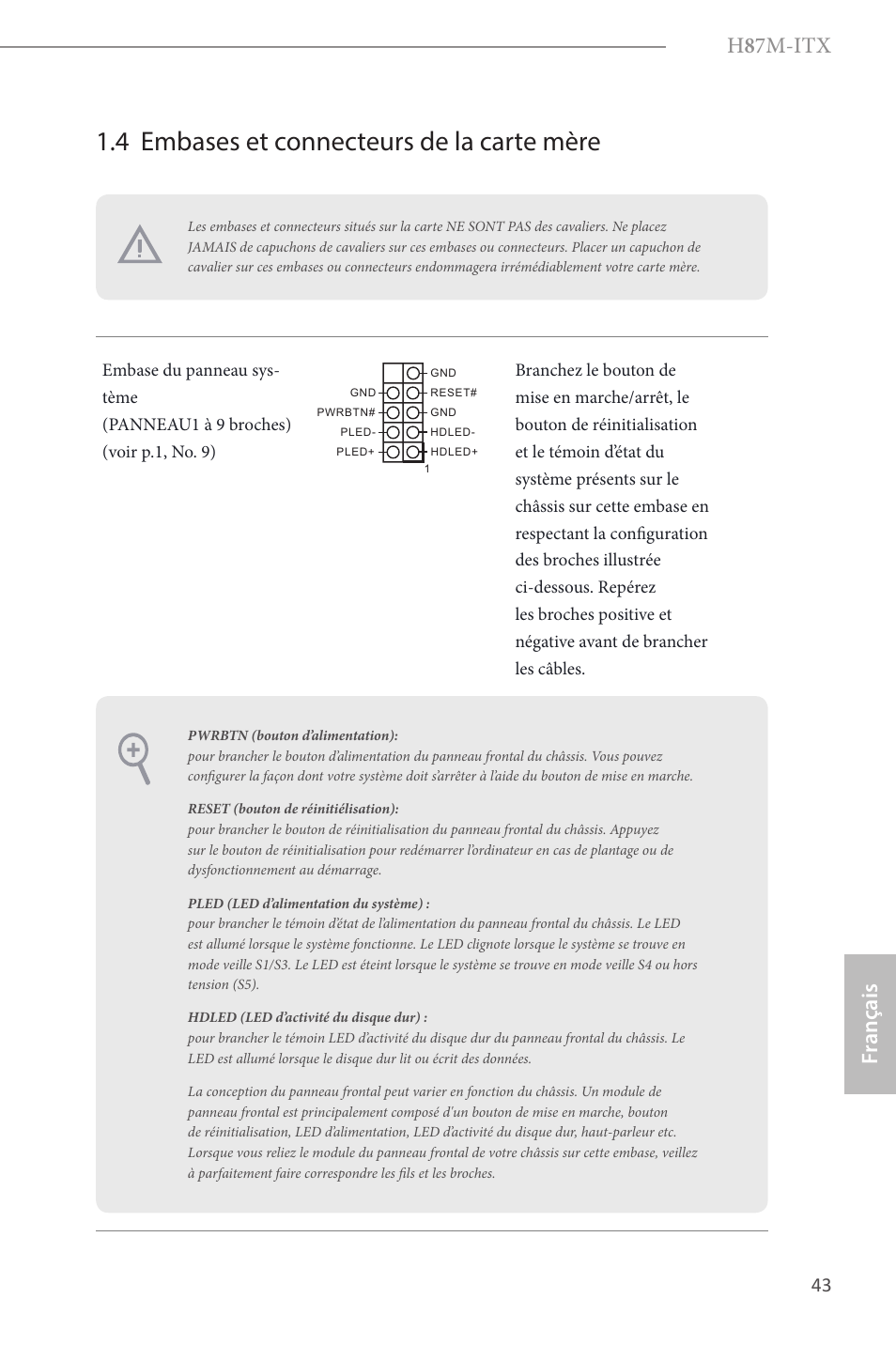 4 embases et connecteurs de la carte mère, H 8 7m-itx, Fr ançais français | ASRock H87M-ITX User Manual | Page 44 / 149