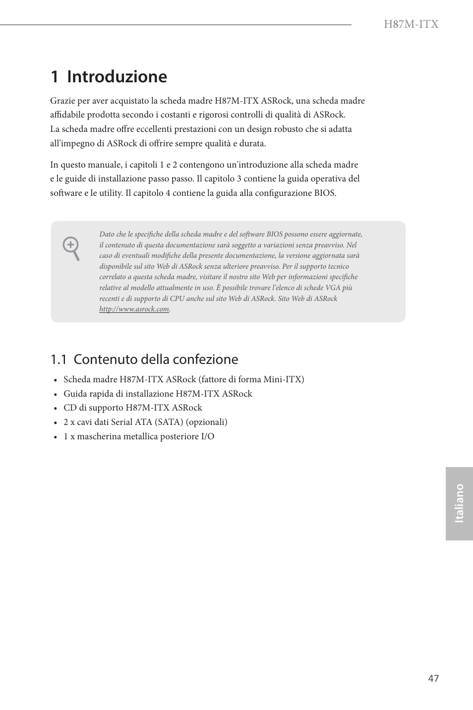 Italian, 1 introduzione, 1 contenuto della confezione | ASRock H87M-ITX User Manual | Page 48 / 149