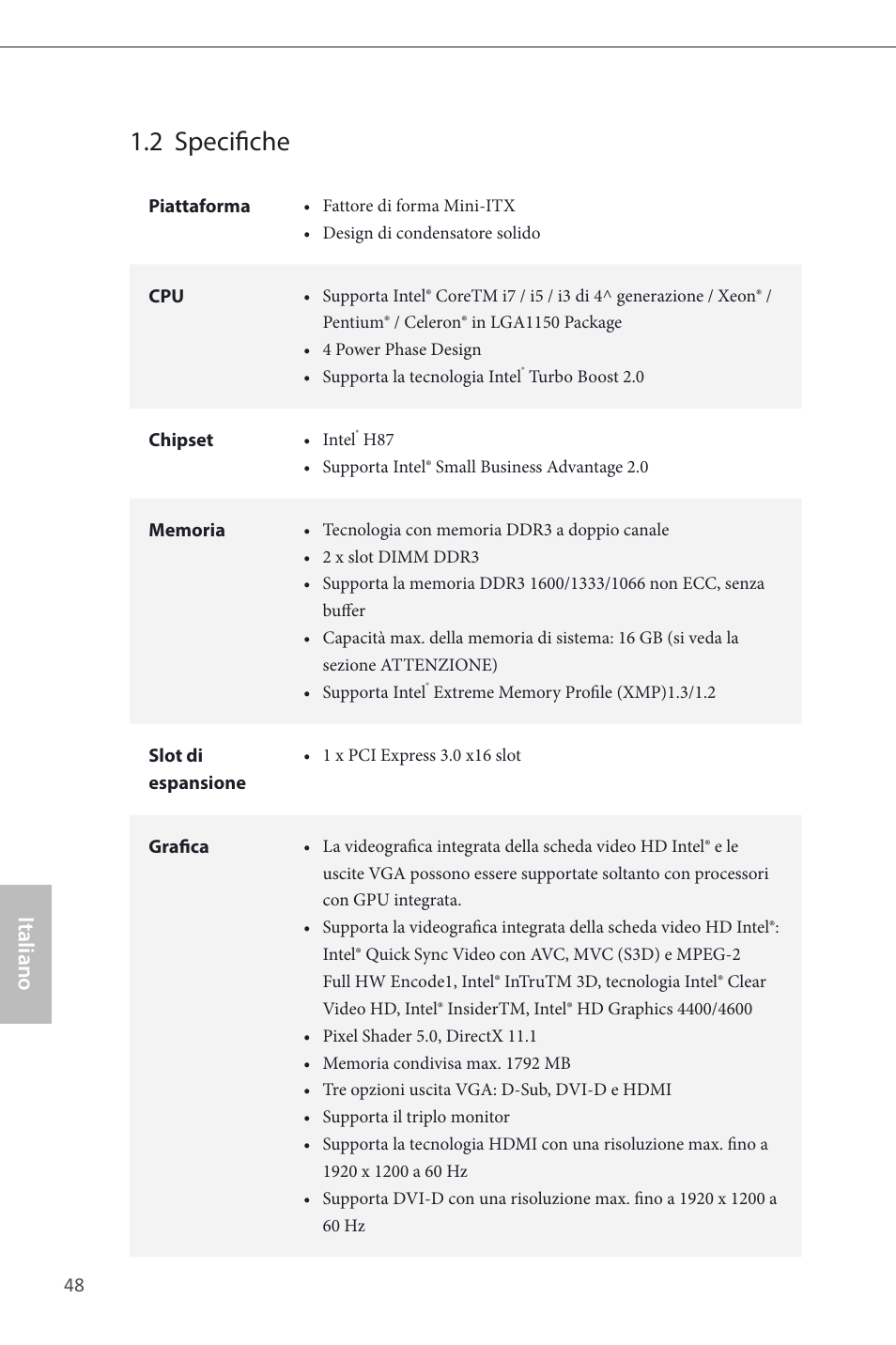 2 specifiche, Italiano | ASRock H87M-ITX User Manual | Page 49 / 149