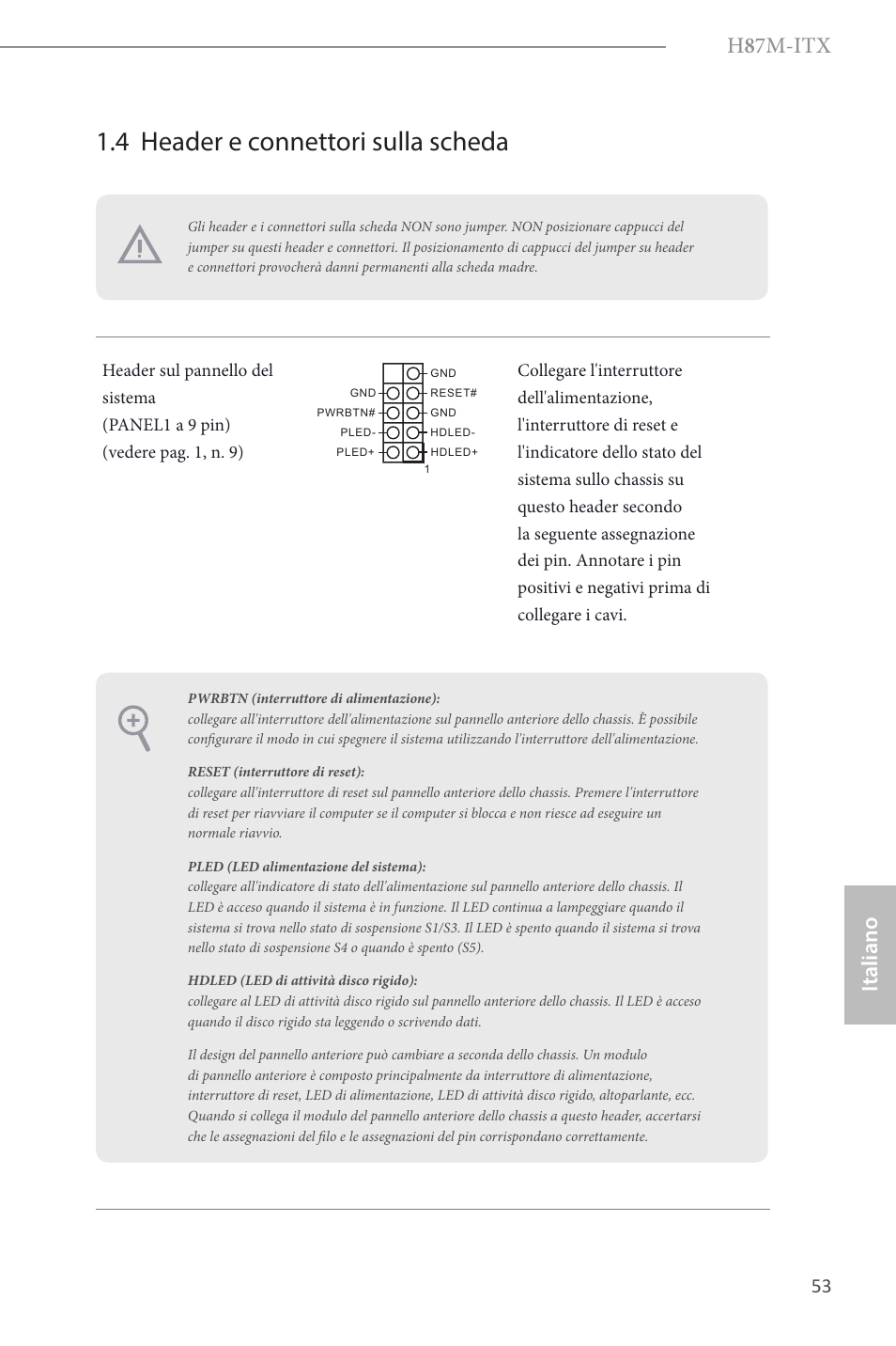 4 header e connettori sulla scheda, H 8 7m-itx, Italiano | ASRock H87M-ITX User Manual | Page 54 / 149
