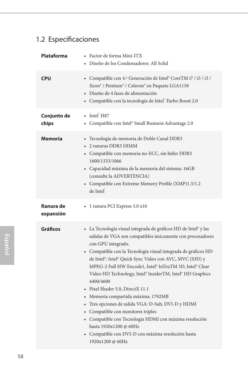 2 especificaciones, Español | ASRock H87M-ITX User Manual | Page 59 / 149