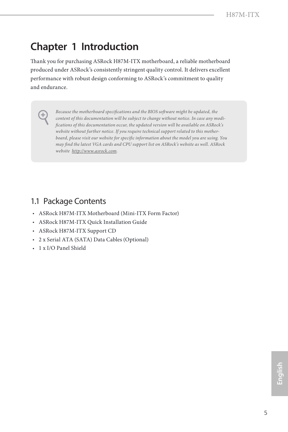 Chapter 1 introduction, 1 package contents | ASRock H87M-ITX User Manual | Page 6 / 149