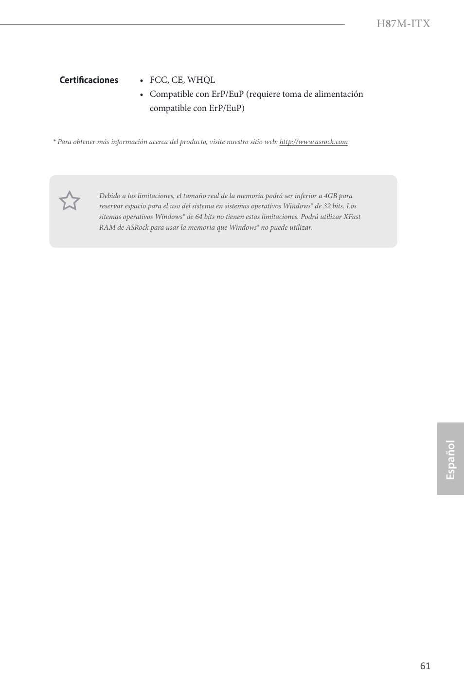 H 8 7m-itx, Español | ASRock H87M-ITX User Manual | Page 62 / 149