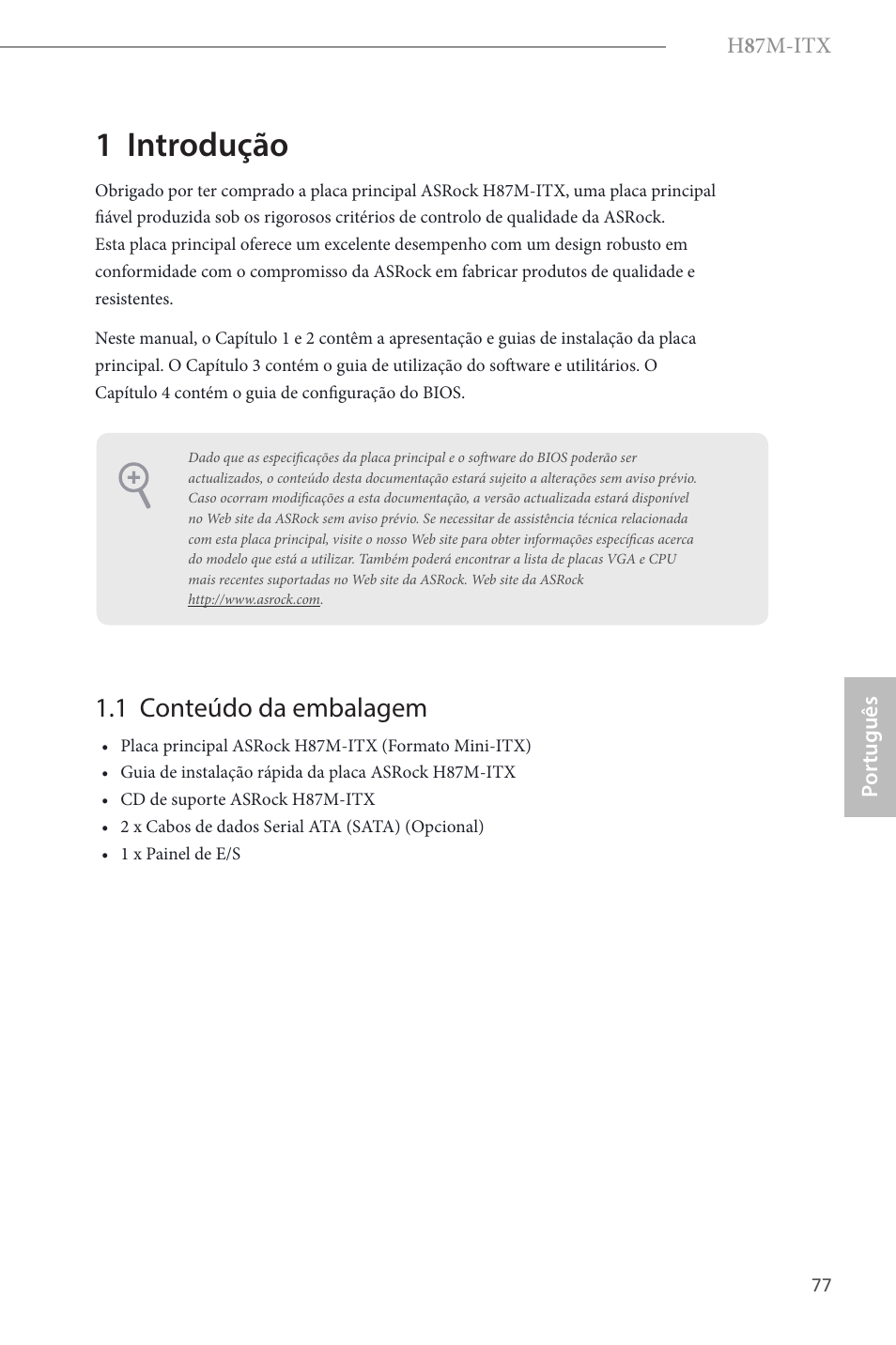 Portuguese, 1 introdução, 1 conteúdo da embalagem | ASRock H87M-ITX User Manual | Page 78 / 149