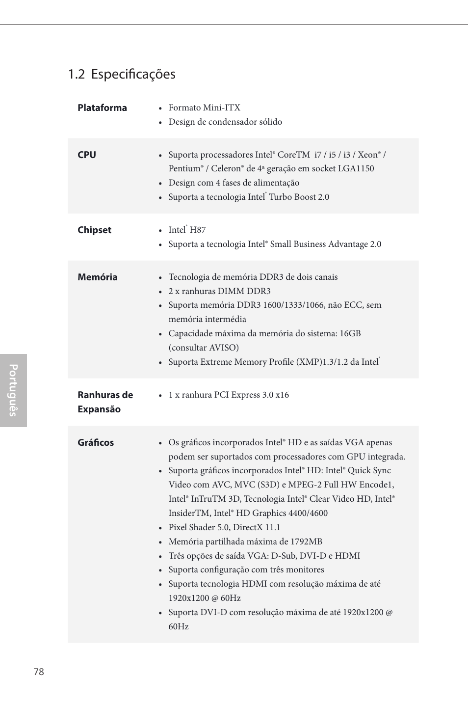 2 especificações, Por tuguês | ASRock H87M-ITX User Manual | Page 79 / 149