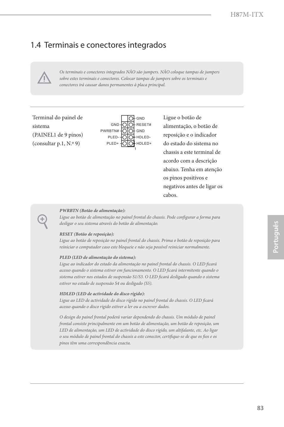 4 terminais e conectores integrados, H 8 7m-itx, Por tuguês | ASRock H87M-ITX User Manual | Page 84 / 149