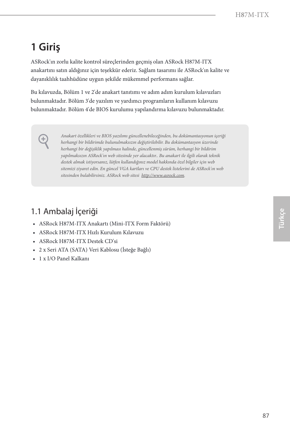 Turkish, 1 giriş, 1 ambalaj içeriği | ASRock H87M-ITX User Manual | Page 88 / 149