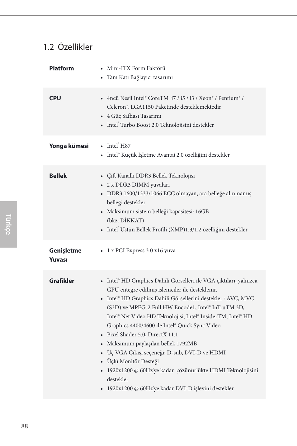 2 özellikler, Türk çe | ASRock H87M-ITX User Manual | Page 89 / 149