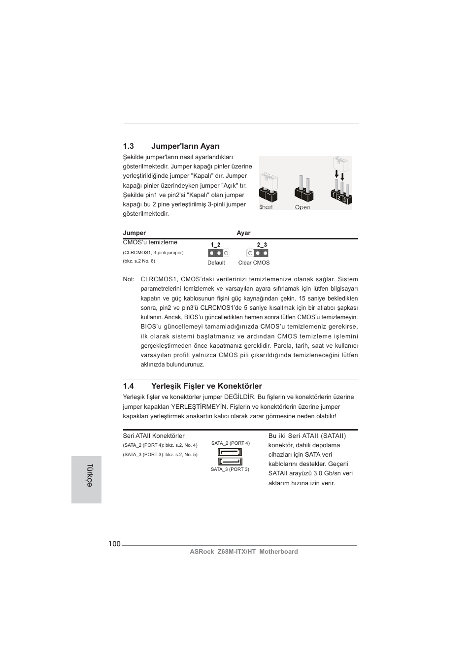 3 jumper'ların ayarı, Türkçe 1.4 yerleşik fişler ve konektörler | ASRock Z68M-ITX__HT User Manual | Page 100 / 154