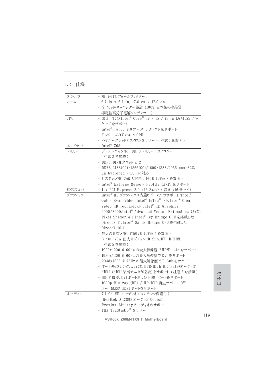 日本語 1.2 仕様 | ASRock Z68M-ITX__HT User Manual | Page 119 / 154