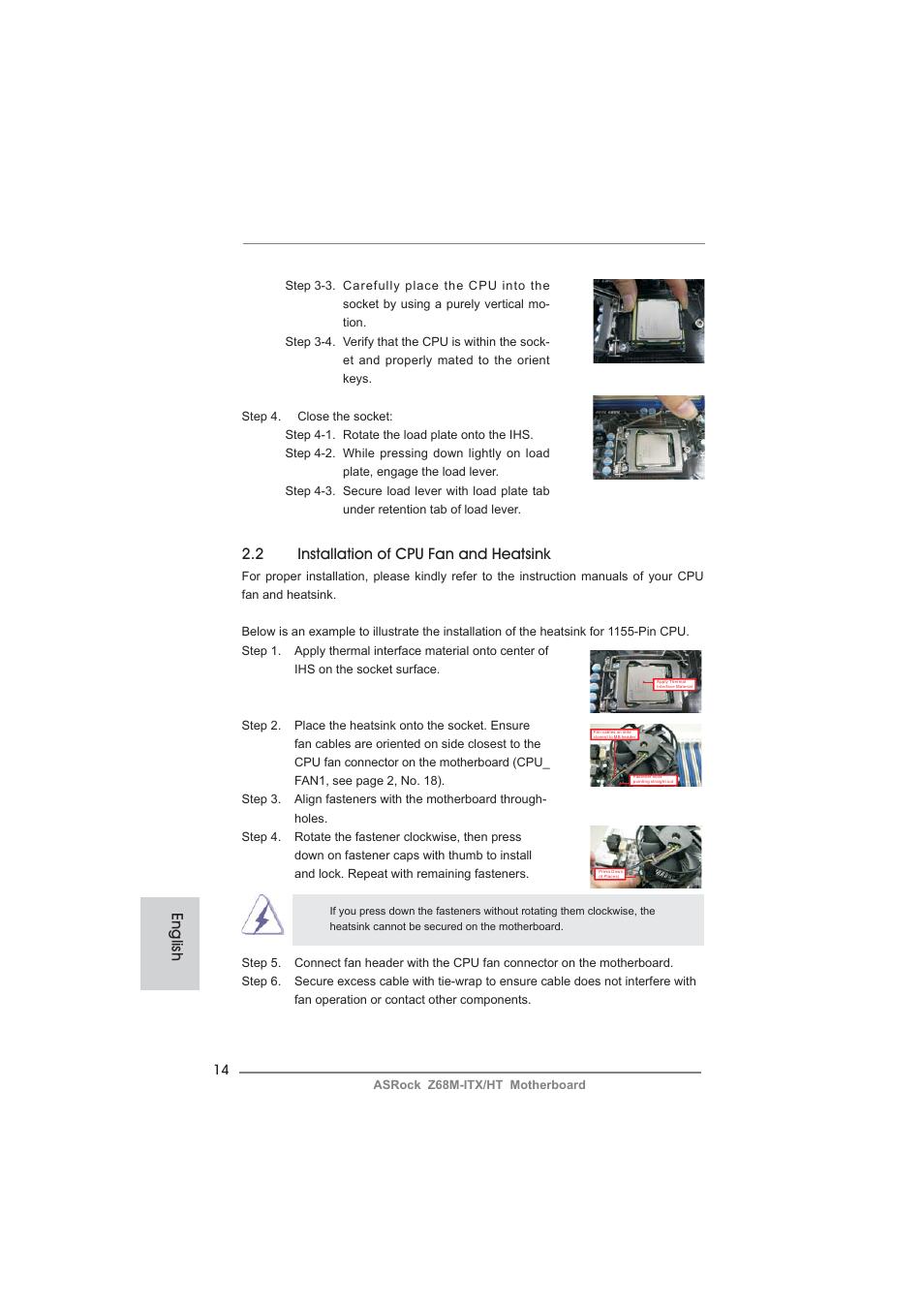 2 installation of cpu fan and heatsink, English | ASRock Z68M-ITX__HT User Manual | Page 14 / 154