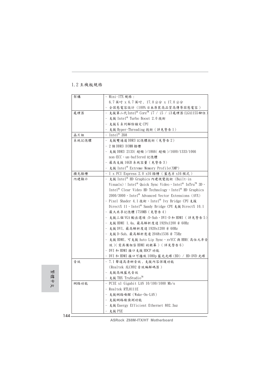 2 主機板規格, 繁體中文 | ASRock Z68M-ITX__HT User Manual | Page 144 / 154