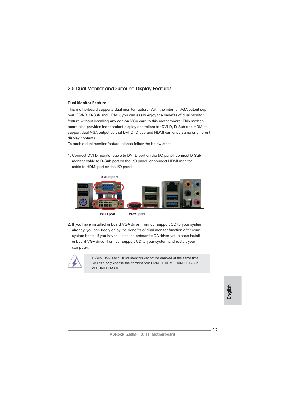 English, 5 dual monitor and surround display features | ASRock Z68M-ITX__HT User Manual | Page 17 / 154