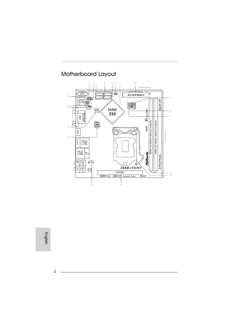 Motherboard layout, English, Intel z68 | Asrock z68m-itx/ht motherboard, Z68m-itx/ht | ASRock Z68M-ITX__HT User Manual | Page 2 / 154