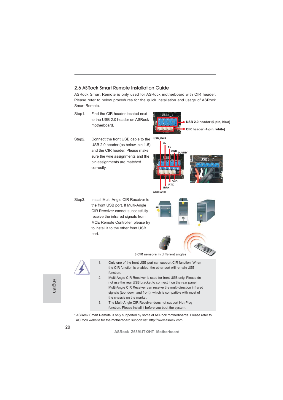 English, 6 asrock smart remote installation guide | ASRock Z68M-ITX__HT User Manual | Page 20 / 154