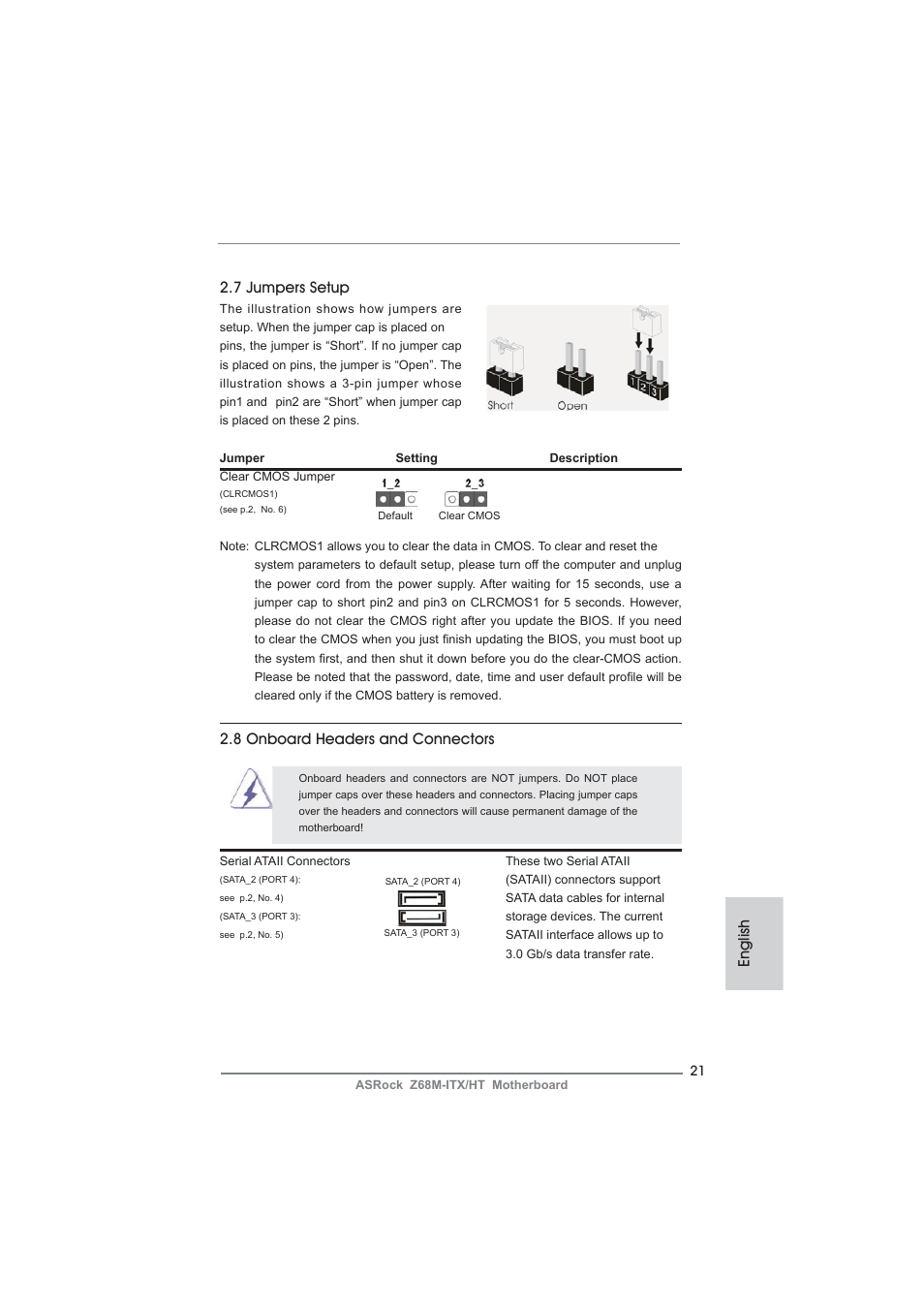 English 2.7 jumpers setup, 8 onboard headers and connectors | ASRock Z68M-ITX__HT User Manual | Page 21 / 154