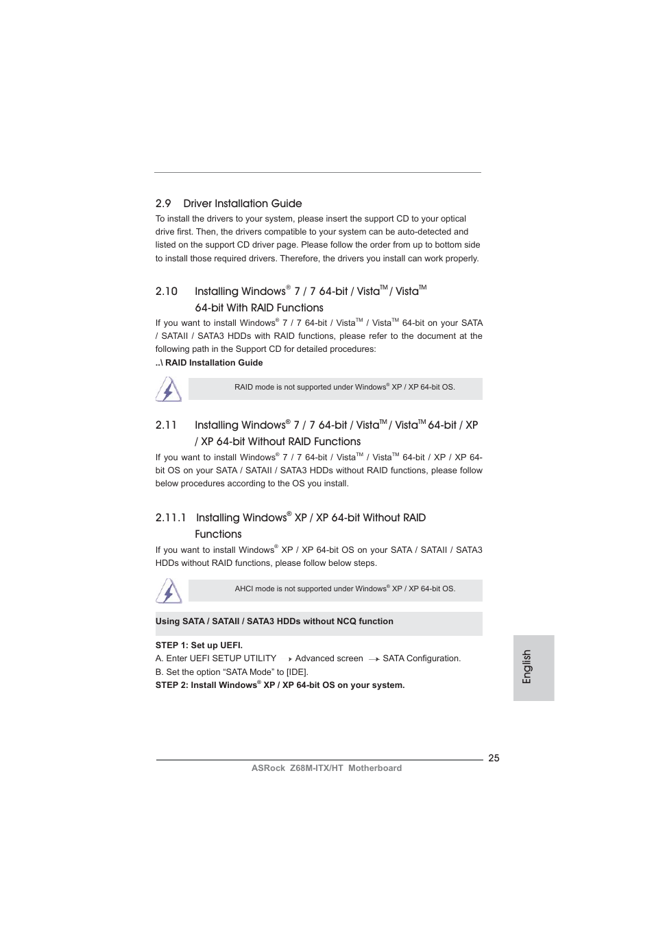 English 2.9 driver installation guide, 10 installing windows, 7 / 7 64-bit / vista | Vista, Bit with raid functions, 11 installing windows, Bit / xp / xp 64-bit without raid functions, 1 installing windows, Xp / xp 64-bit without raid functions | ASRock Z68M-ITX__HT User Manual | Page 25 / 154