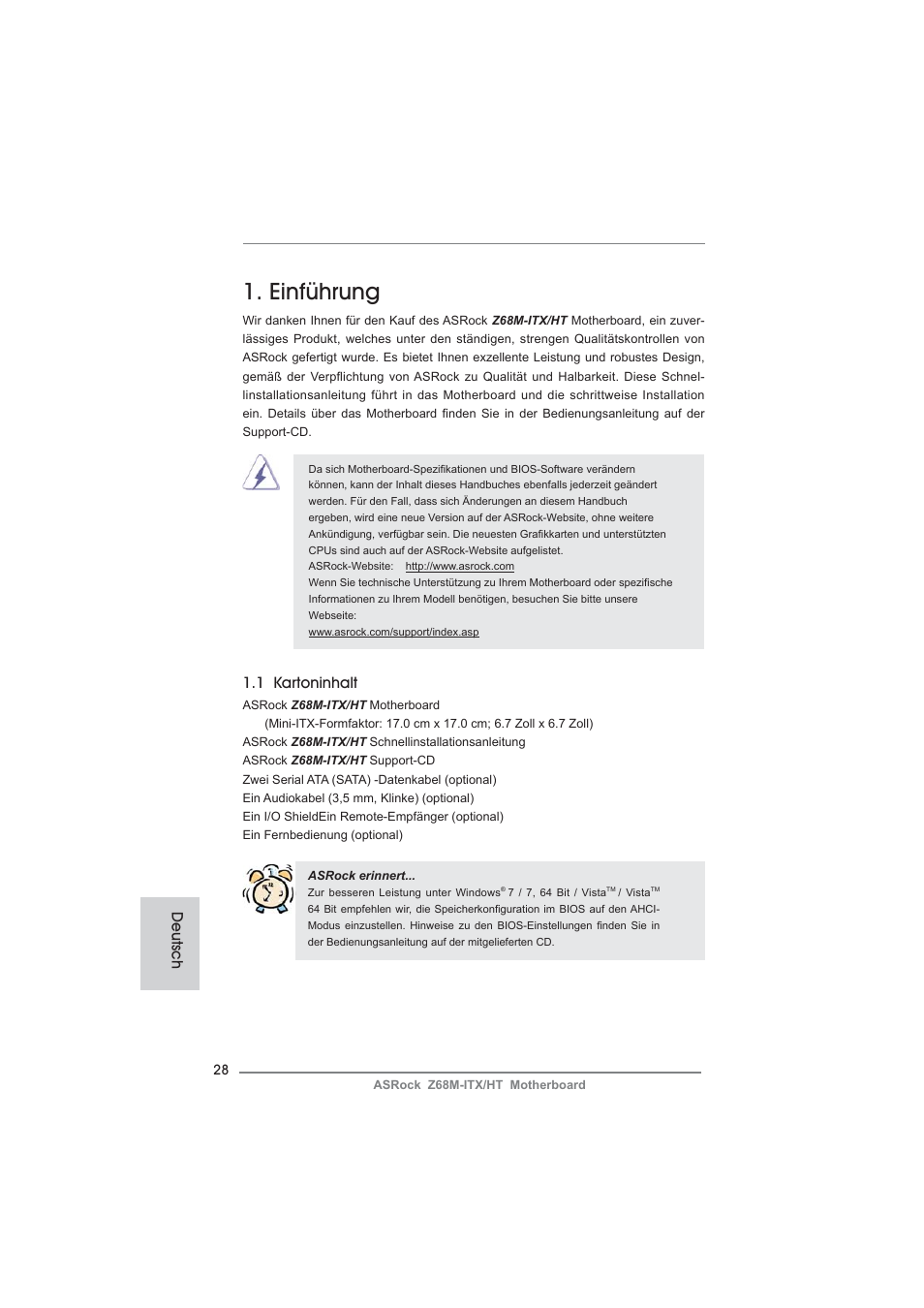 German, Einführung, 1 kartoninhalt | Deutsch | ASRock Z68M-ITX__HT User Manual | Page 28 / 154