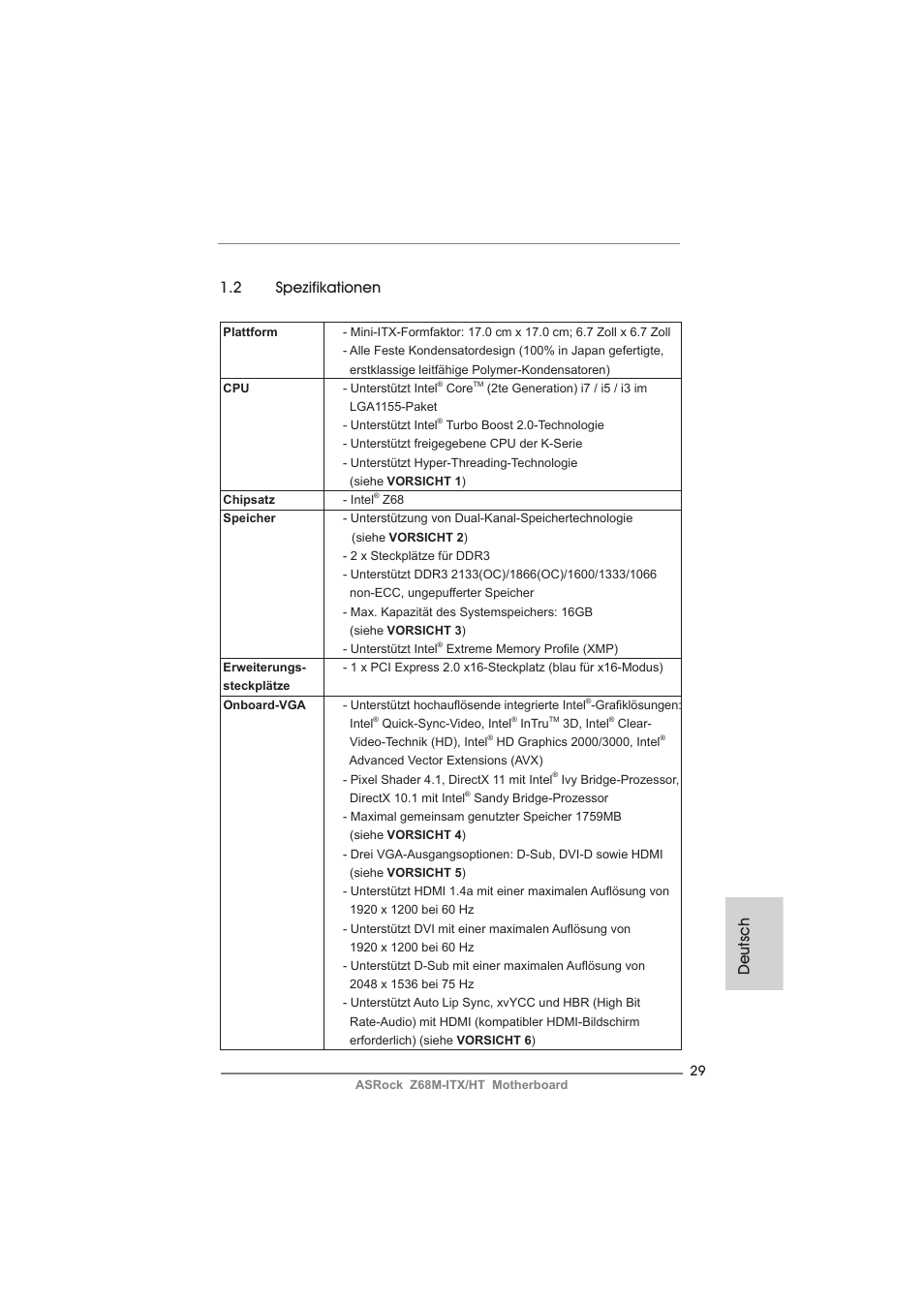 Deutsch 1.2 spezifikationen | ASRock Z68M-ITX__HT User Manual | Page 29 / 154