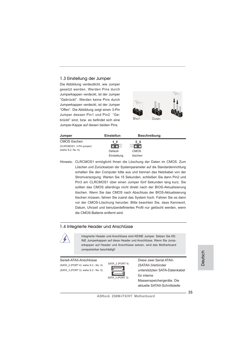 Deutsch 1.3 einstellung der jumper, 4 integrierte header und anschlüsse | ASRock Z68M-ITX__HT User Manual | Page 35 / 154