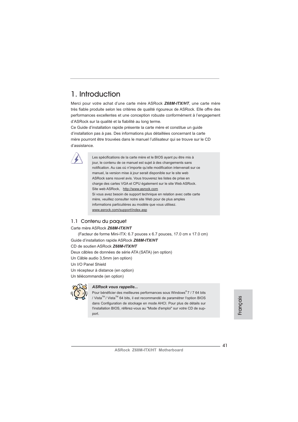 French, Introduction, 1 contenu du paquet | Français | ASRock Z68M-ITX__HT User Manual | Page 41 / 154