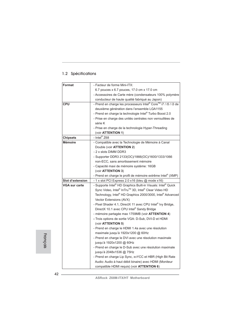 2 spécifications, Français | ASRock Z68M-ITX__HT User Manual | Page 42 / 154