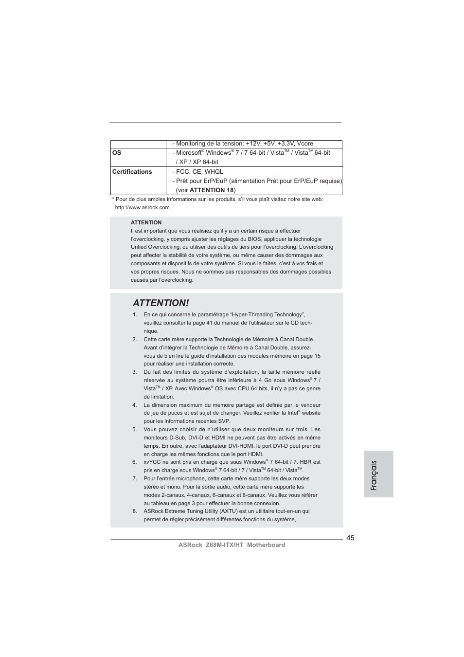 Attention, Français | ASRock Z68M-ITX__HT User Manual | Page 45 / 154