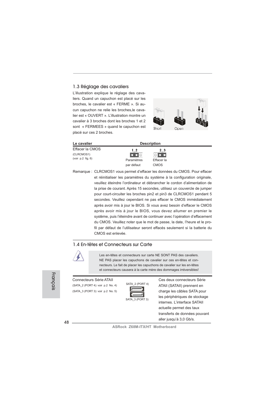 3 réglage des cavaliers, Français 1.4 en-têtes et connecteurs sur carte | ASRock Z68M-ITX__HT User Manual | Page 48 / 154