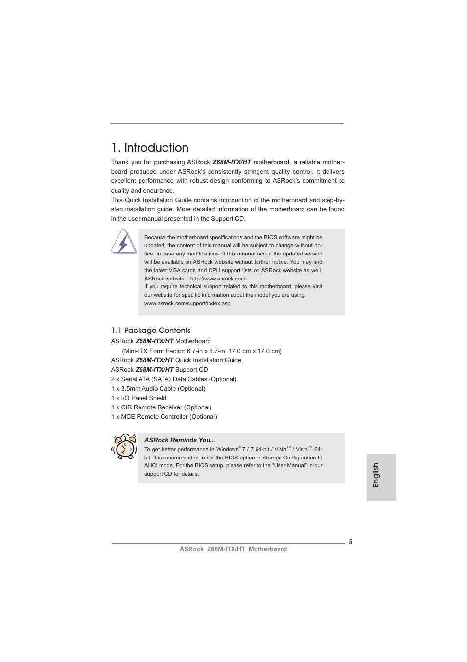 Introduction, English, 1 package contents | ASRock Z68M-ITX__HT User Manual | Page 5 / 154