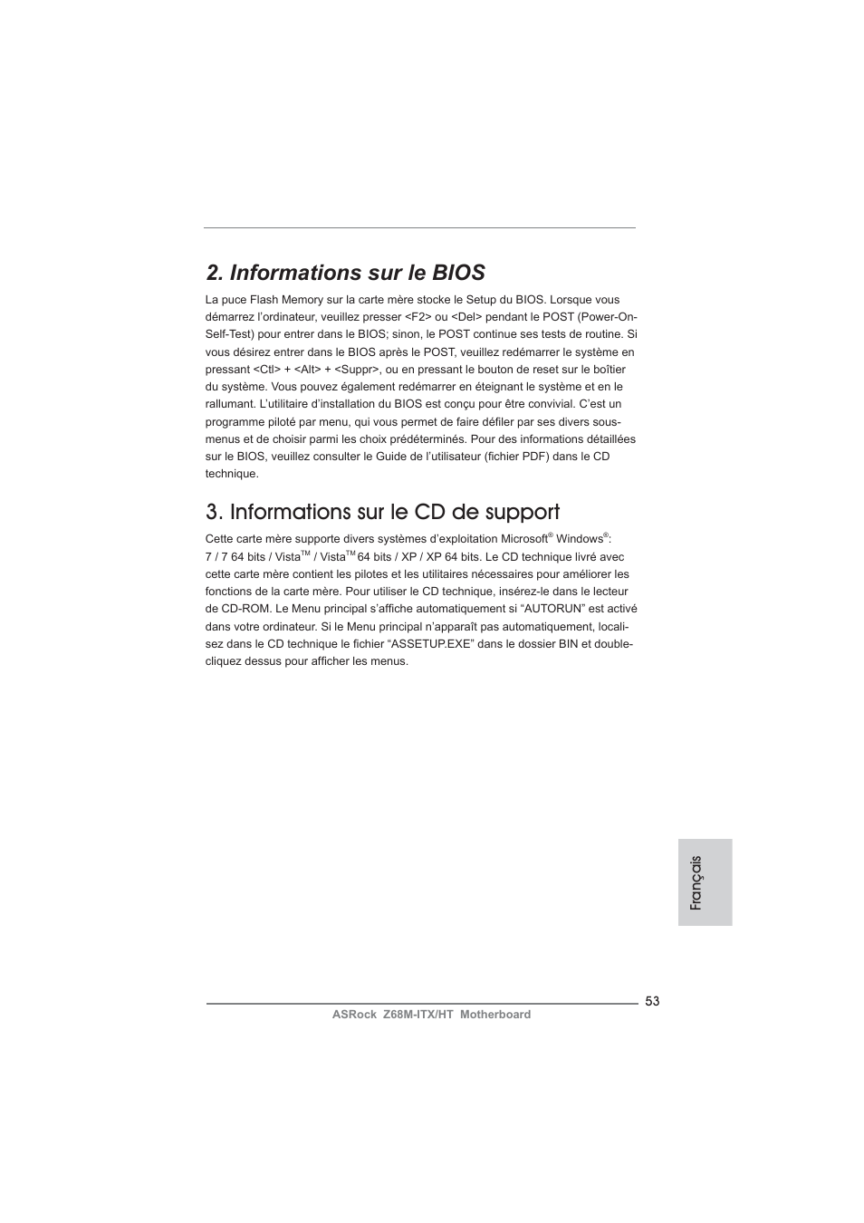 Informations sur le bios, Informations sur le cd de support | ASRock Z68M-ITX__HT User Manual | Page 53 / 154