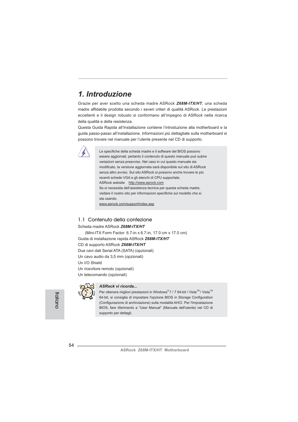 Italian, Introduzione, 1 contenuto della confezione | Italiano | ASRock Z68M-ITX__HT User Manual | Page 54 / 154