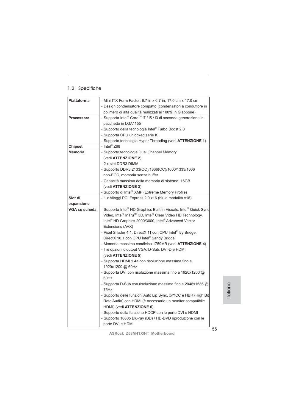 Italiano 1.2 specifiche | ASRock Z68M-ITX__HT User Manual | Page 55 / 154