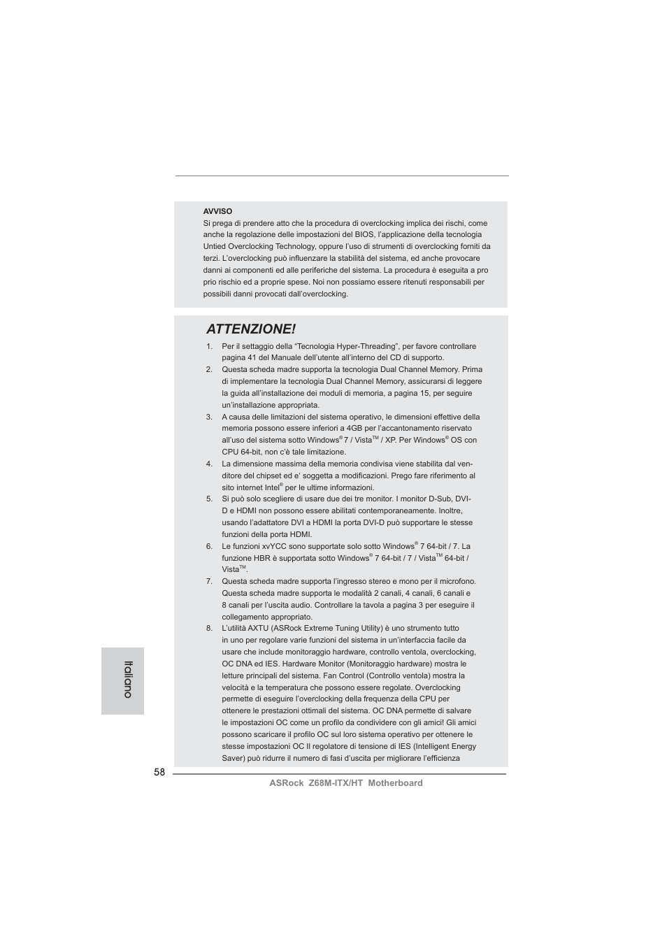 Attenzione, Italiano | ASRock Z68M-ITX__HT User Manual | Page 58 / 154