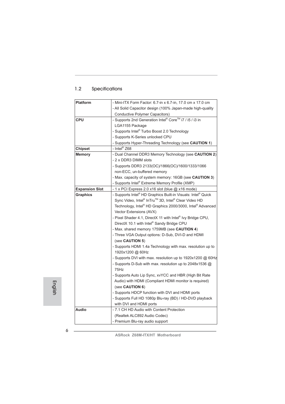 English 1.2 specifications | ASRock Z68M-ITX__HT User Manual | Page 6 / 154