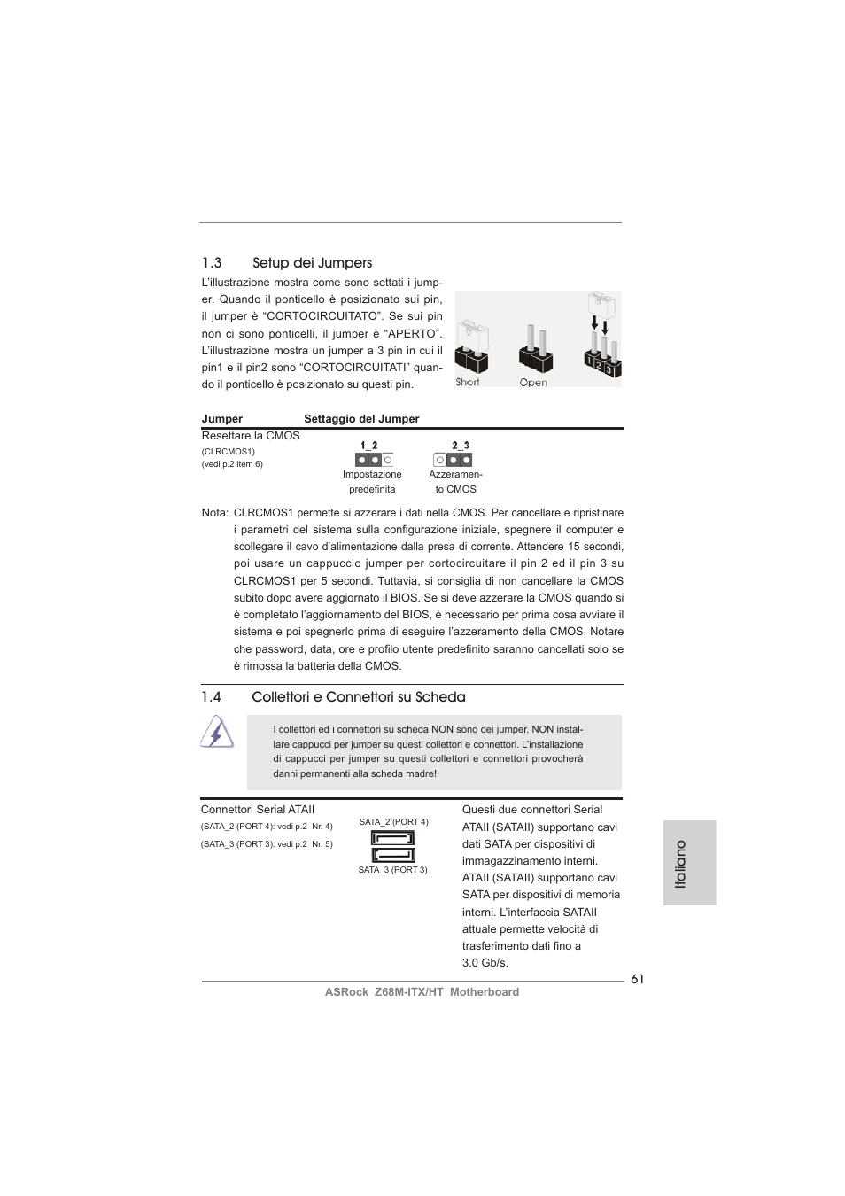 Italiano 1.3 setup dei jumpers, 4 collettori e connettori su scheda | ASRock Z68M-ITX__HT User Manual | Page 61 / 154