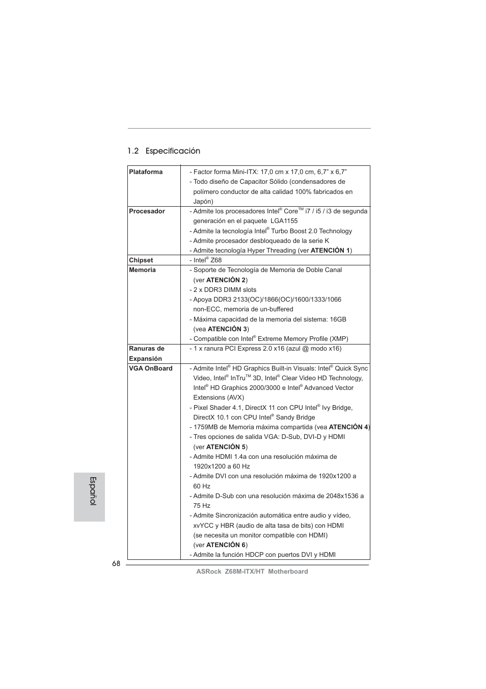 2 especificación, Español | ASRock Z68M-ITX__HT User Manual | Page 68 / 154