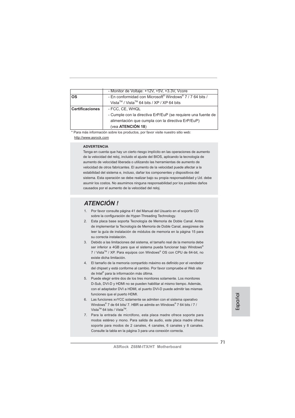 Atención, Español | ASRock Z68M-ITX__HT User Manual | Page 71 / 154