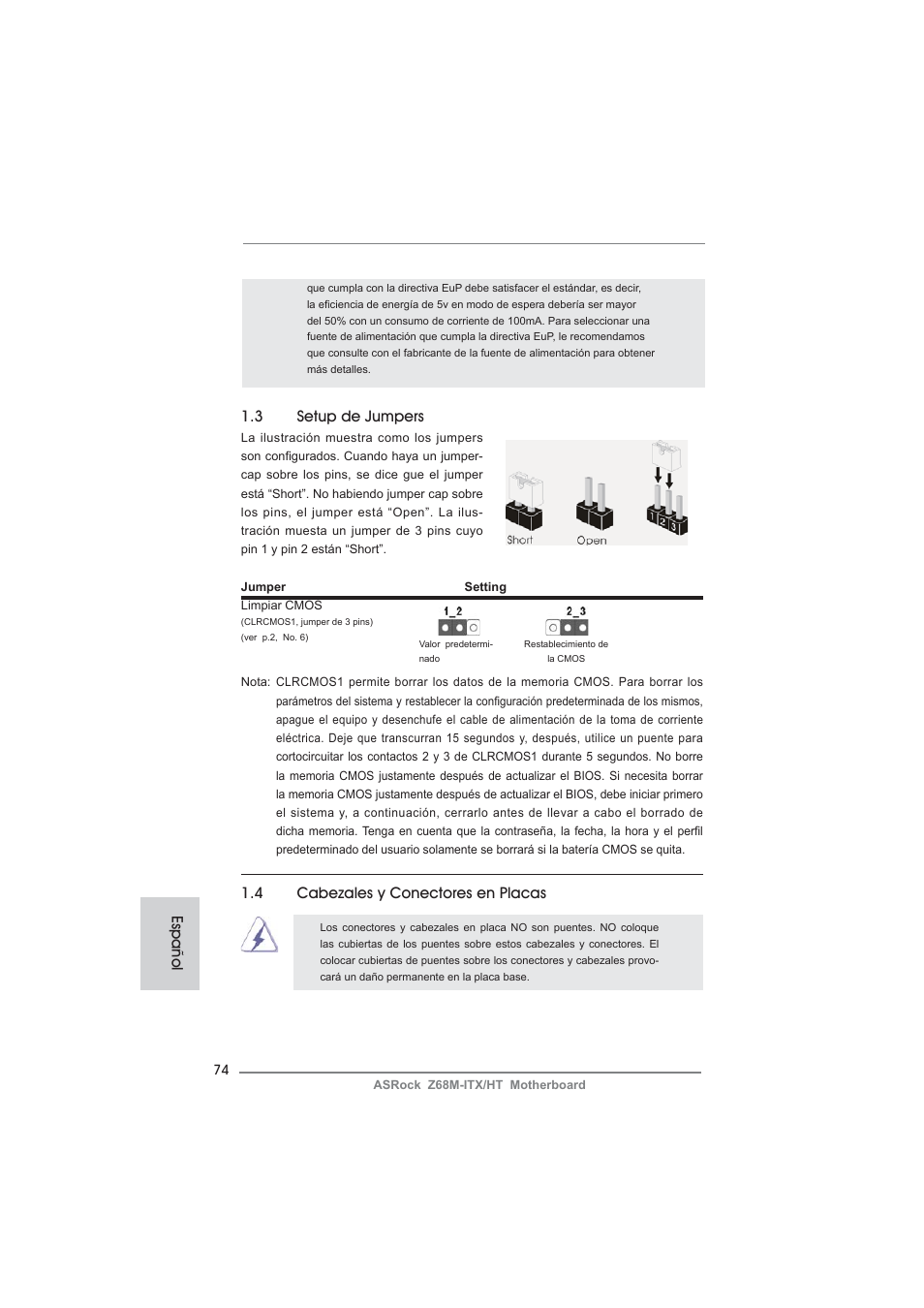 3 setup de jumpers, Español 1.4 cabezales y conectores en placas | ASRock Z68M-ITX__HT User Manual | Page 74 / 154