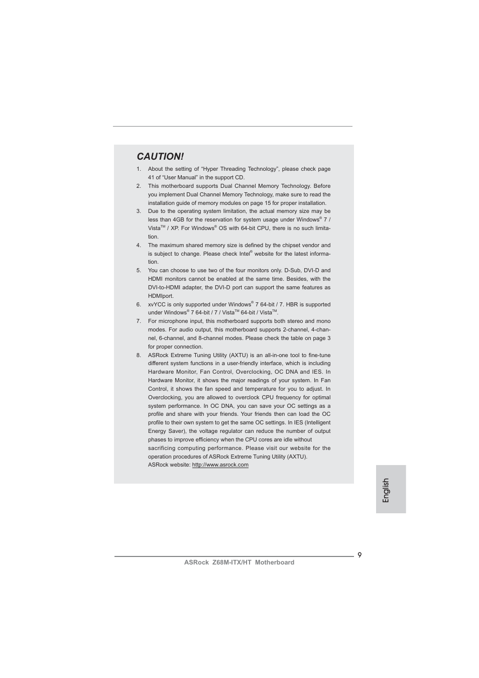 Caution, English | ASRock Z68M-ITX__HT User Manual | Page 9 / 154