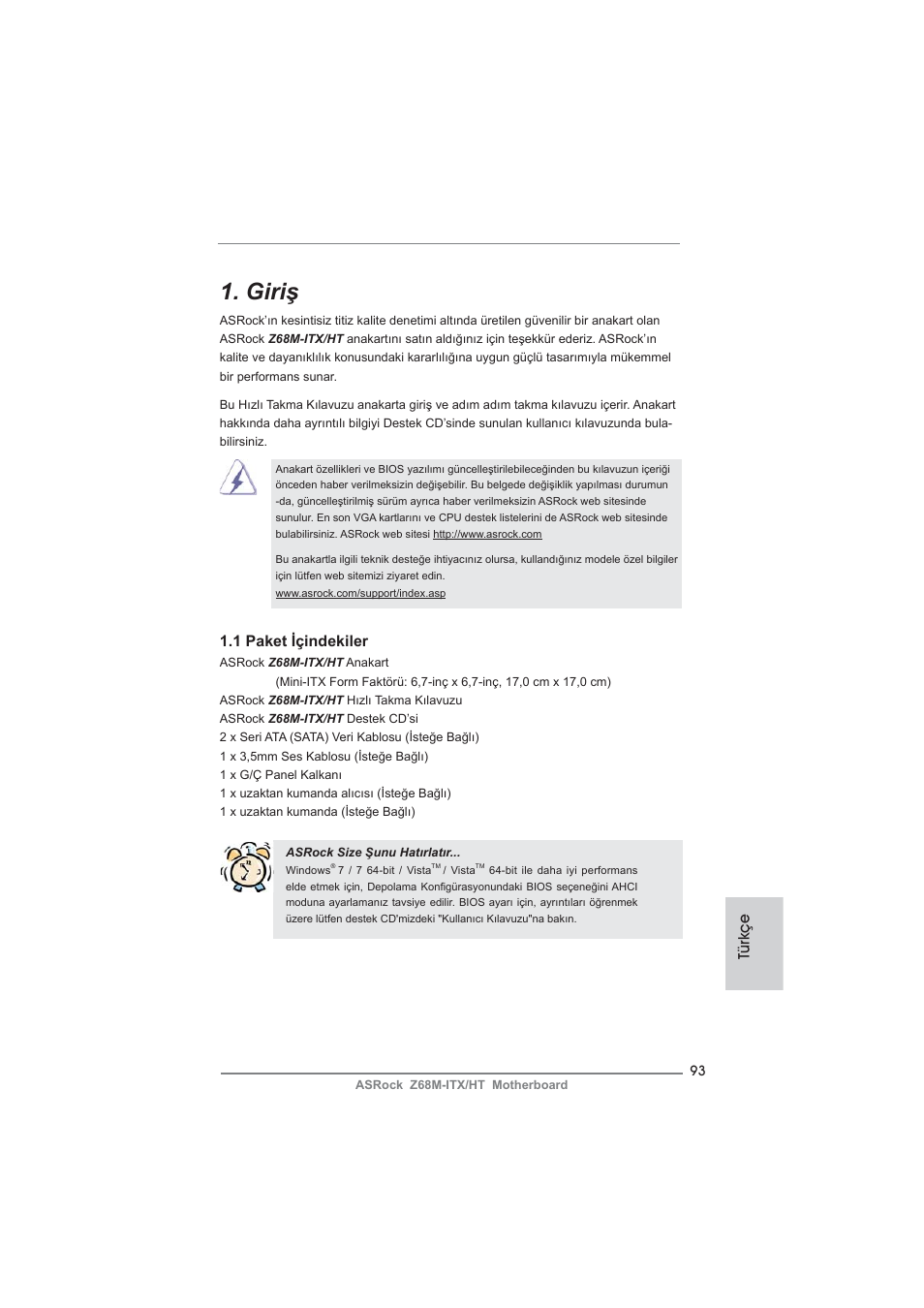 Turkish, Giriş | ASRock Z68M-ITX__HT User Manual | Page 93 / 154