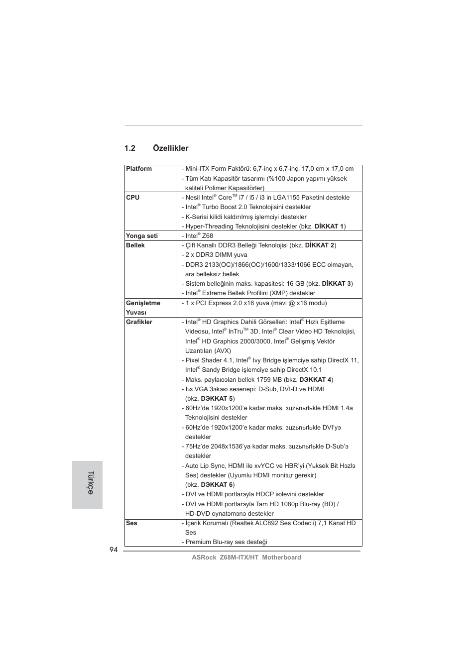 2 özellikler, Türkçe | ASRock Z68M-ITX__HT User Manual | Page 94 / 154