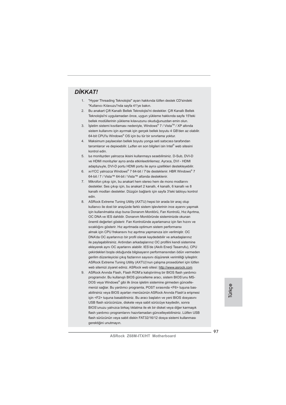 Dikkat, Türkçe | ASRock Z68M-ITX__HT User Manual | Page 97 / 154
