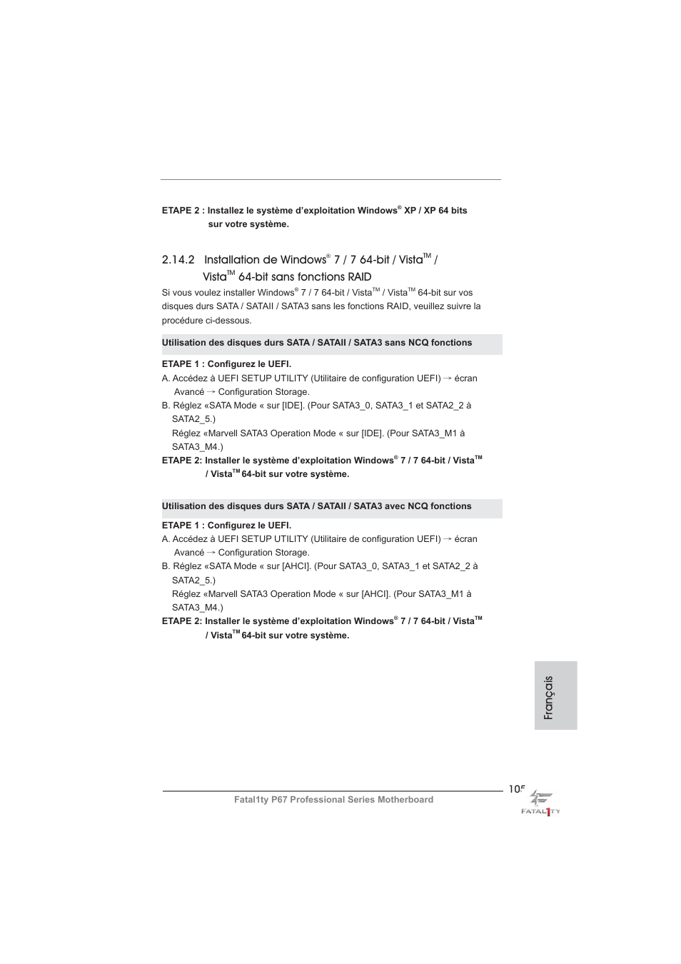 Français, 2 installation de windows, 7 / 7 64-bit / vista | Vista, Bit sans fonctions raid | ASRock Fatal1ty P67 Professional User Manual | Page 105 / 314