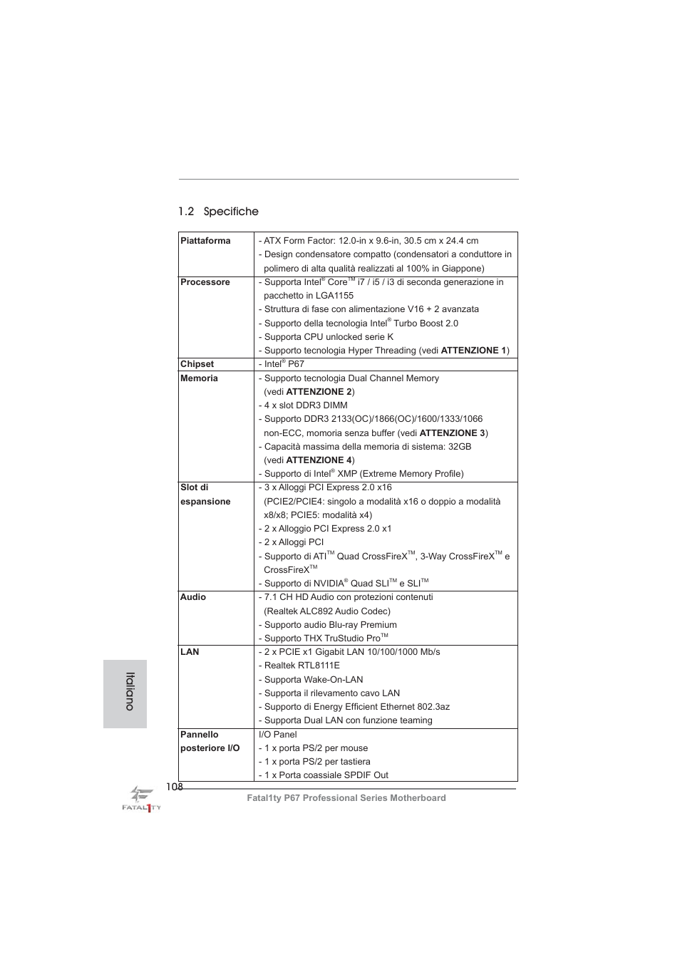 2 specifiche, Italiano | ASRock Fatal1ty P67 Professional User Manual | Page 108 / 314