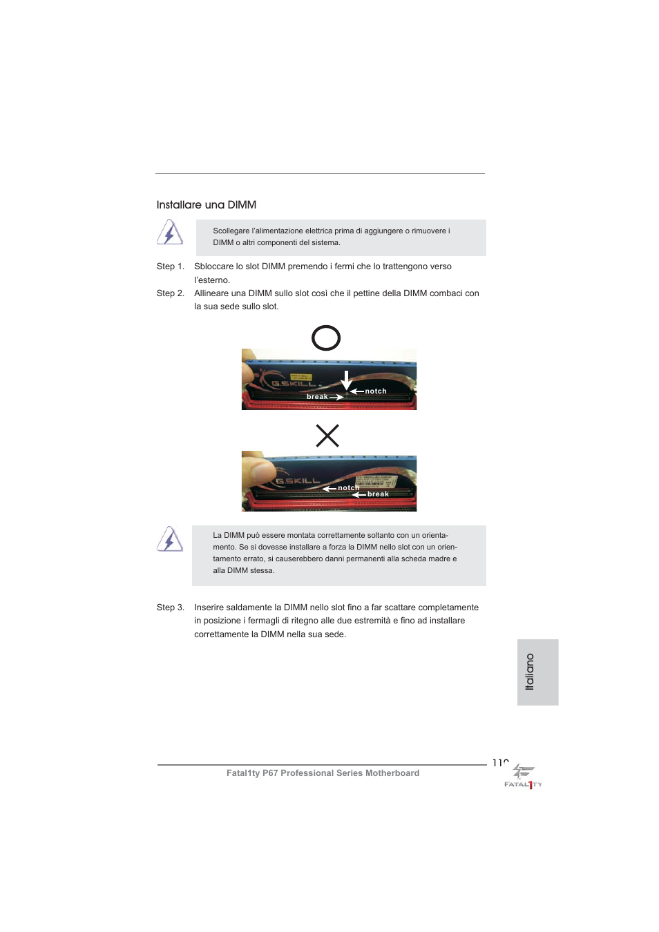 Italiano installare una dimm | ASRock Fatal1ty P67 Professional User Manual | Page 119 / 314